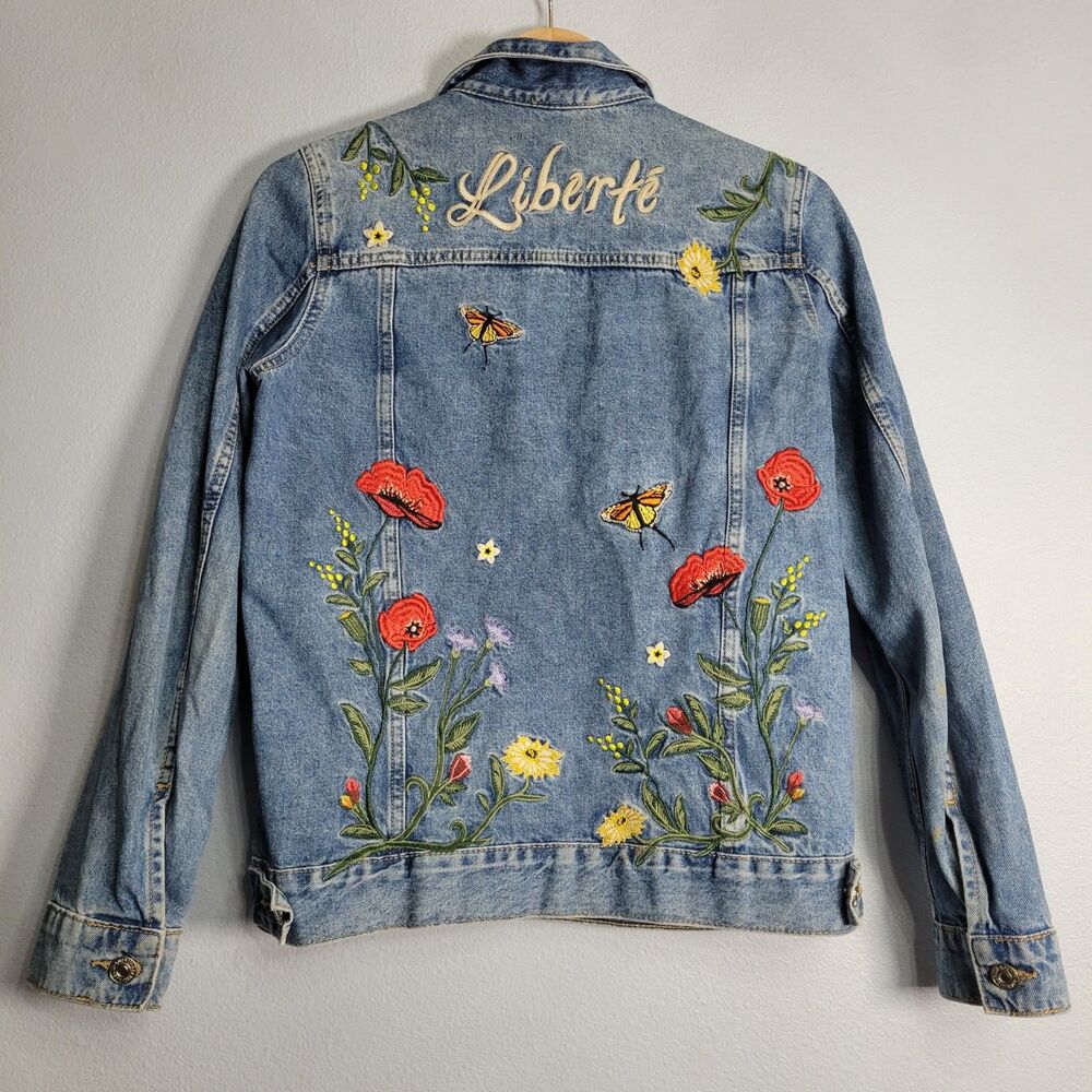 H&M Embroidered Denim Jacket Sz 4 Liberté Floral Butterfly Boho Cottagecore Art